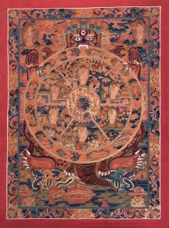BHAVACHAKRA MANDALA, LIFE OF BUDDHA THANGKA, THANKA, PAINTING 26 x 36-INCH